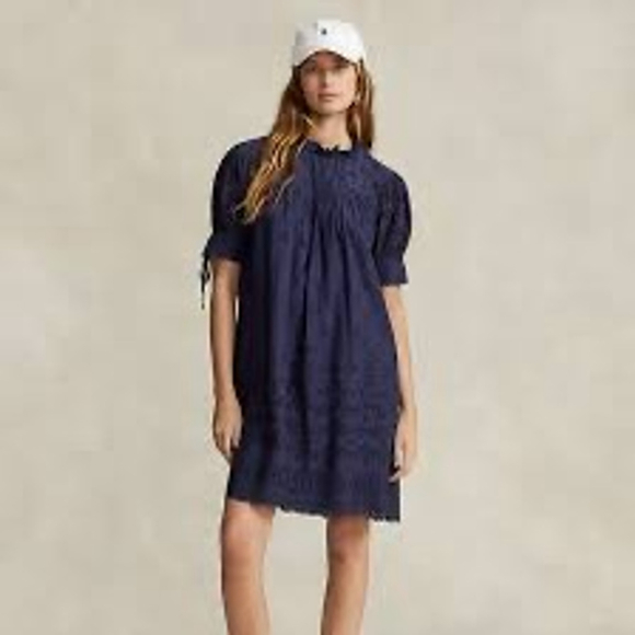 Polo Ralph Lauren Navy Blue Eyelet Lined Mini Dress Size 8 - Picture 1 of 7